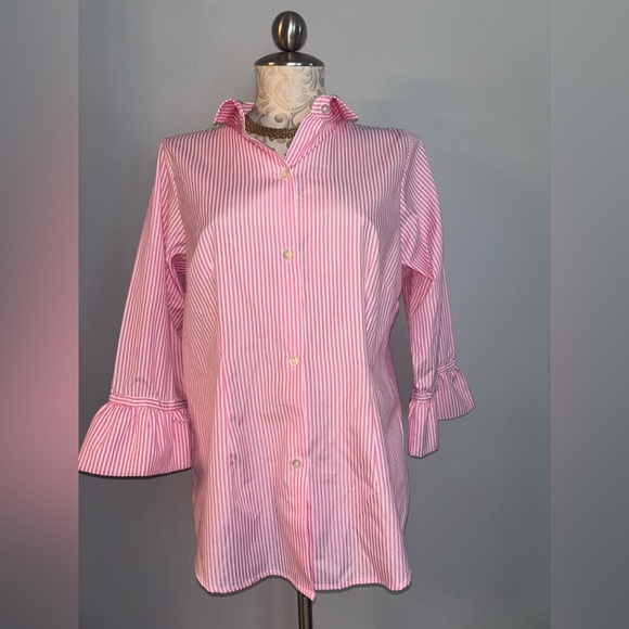 Gretchen Scott Designs Tops - Gretchen Scott Designs Priss Brooks Ruffle Blouse Pink Stripe Size Large